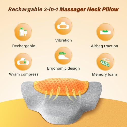 Rechargeable 3-in-1 Neck Massager Pillow with Heat,Vibration & Air Traction - Heated Neck Pillow Massage Hump Soothing Neck Relaxation, Posture Support & Stress Relief