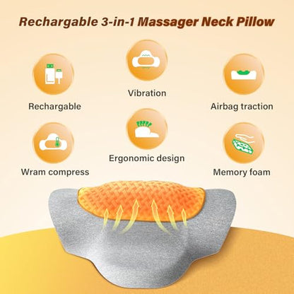 Rechargeable 3-in-1 Neck Massager Pillow with Heat,Vibration & Air Traction - Heated Neck Pillow Massage Hump Soothing Neck Relaxation, Posture Support & Stress Relief