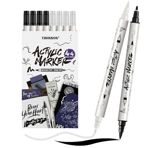 TRANSON 4 Black and 4 White Paint Markers Brush and Fine Dual-tip Acrylic Paint Marker Set for Rock Painting Glass Canvas Wood Leather Ceramic Painting - color: 4 Black and 4 White