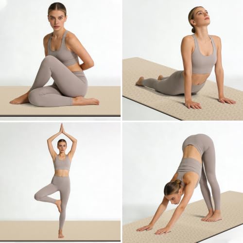 10mm0.4"TPE Yoga Mat Thick Wide Large for Home Workout Carrying Strap | Non Slip Exercise Mats Cushioned Joint-Friendly Stable,76"x28"Extra long Tapis Entrainement Au Sol Fitness,Pilates Gym Travel - color: beige