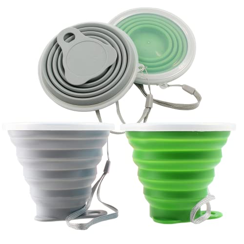 Litoexpe 2 Pack Silica gel Collapsible Travel Cup 270ml, Grey & Green | with Lids, Portable Folding Camping Cup, for Camping and Travel - color: Grey & Green