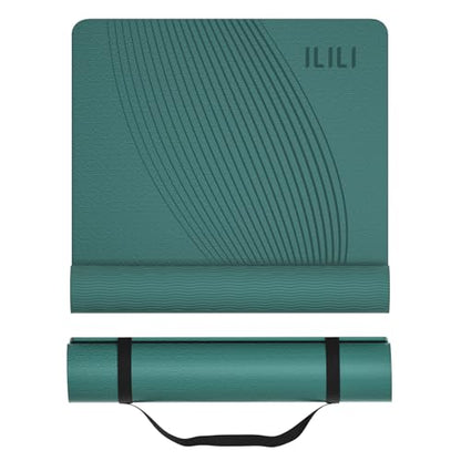 ILILI Exercise Mat 72''x25''×0.3''(8MM) | Compact Eco Friendly TPE Yoga Mat for Pilates & Fitness, Tear Resistant with Carry Strap for Home Gym Studio Stretching - color: peacock green