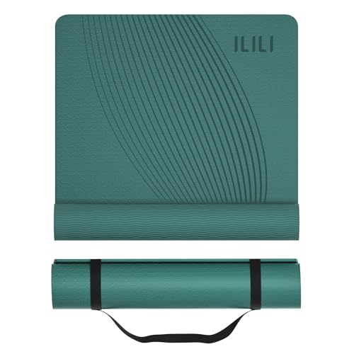 ILILI Exercise Mat 72''x25''×0.3''(8MM) | Compact Eco Friendly TPE Yoga Mat for Pilates & Fitness, Tear Resistant with Carry Strap for Home Gym Studio Stretching - color: peacock green