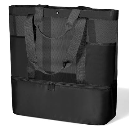 Mesh Tote Beach Bag with Leakproof Wet Compartment - color: Black