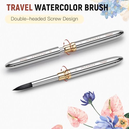 Fuumuui 3pcs Dual-Tip Travel Watercolor Brushes with 6 Versatile Tip Styles, Premium Synthetic Squirrel Hair Travel Paint Brush Set for Plein Air Painting - Watercolor Acrylic Gouache Ink - color: Silver