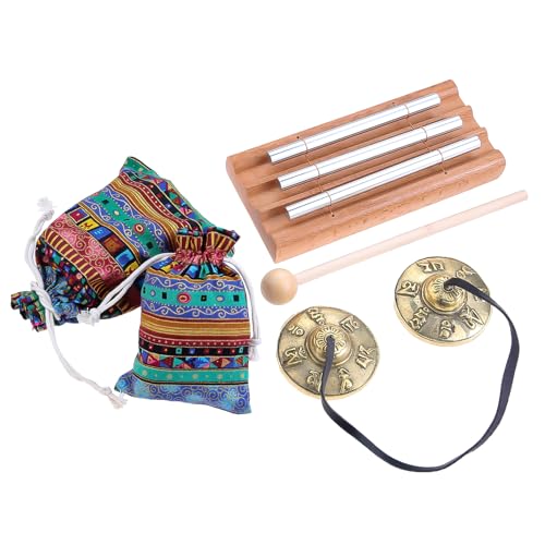 Meditation Instruments Set - Perfect for Classroom Management, Yoga, Prayer | Includes Tibetan Tingsha Cymbals, Three-Tone Chime Bell with Mallet, 2 Tibetan Drawstring Bags