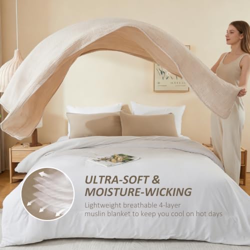 EMME Cotton Muslin Throw Blanket Couch Breathable Gauze Soft Lightweight Bed Blankets Adults (Heather Beige, 50"x60") - color: 03 - Beige, size: Throw (50" X 60")