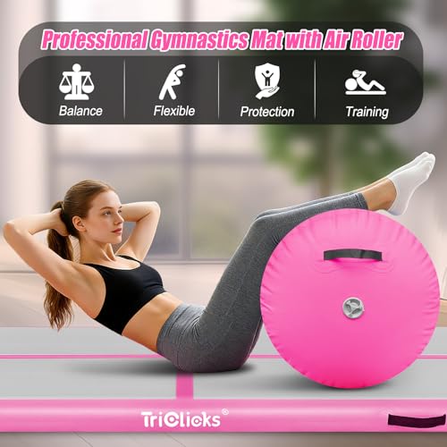 Triclicks Gymnastics Barrel Inflatable Air Roller Barrel Tumble Track Equipment Octagon Mat for Backhandspring Trainer Yoga Cheerleading Home Use Gym Without Pump - color: Pink Set-No Pump, size: Mat (10ft*3.3ft*4in)+Roller (31.5*19.7in)