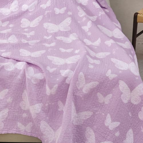 MEJU Dream Butterfly Violet Gentle Girls Muslin All Season Blanket for Bed Sofa Couch, 100% Combed Cotton 3 Layer Cozy Throw Blanket Bed Cover Quilt Purple Butterfly Full Queen 80 in x 90 in - color: Purple Butterfly, size: F/Q 80 in x 90 in