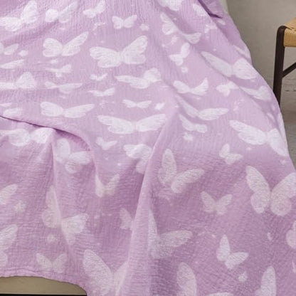 MEJU Dream Butterfly Violet Gentle Girls Muslin All Season Blanket for Bed Sofa Couch, 100% Combed Cotton 3 Layer Cozy Throw Blanket Bed Cover Quilt Purple Butterfly Full Queen 80 in x 90 in - color: Purple Butterfly, size: F/Q 80 in x 90 in