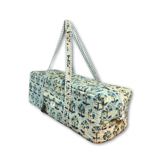 Large Capacity Handblock Printed Yoga Mat bag for Women, Gym Bag, Fits Yoga Blocks, Adjustable strap, Pilates, Gym, Fitness Block & Gear, Light and Durable - color: Meadow Haze
