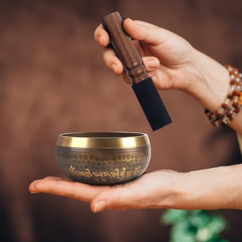 Kmise Tibetan Singing Bowls Set- Handmade in Nepal Meditation Sound Bowls for Yoga, Meditation, Mindfulness, Healing and Chakra Balancing, Stress Relief (4', Brown) - color: 4inch Brown