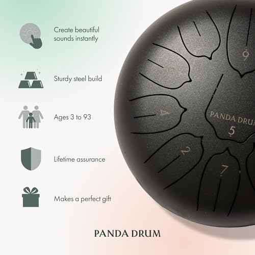 Panda Drum Plus (Black) | Steel Tongue Drum for Inside & Outside | 11 Inch | with Music Book, Mallets, Carrying Bag & Finger Picks | 432 Hz Rain Drum | Calming Musical Instrument for Adults - color: 3-Black