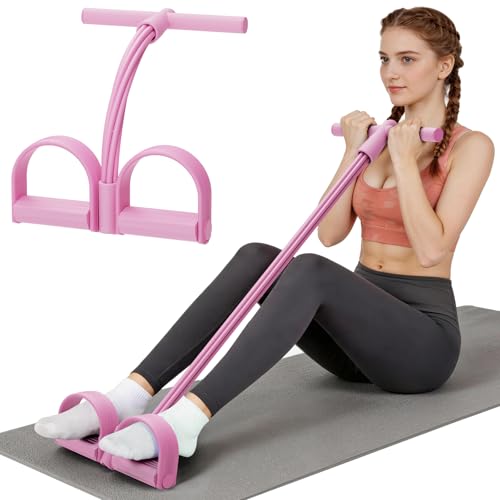 7F 2026 Pedal Resistance Band with Handles, 6-Tube Elastic Exercise Band for Abdomen/Waist/Arm/Leg, Durable Natural Rubber Home Gym Fitness Equipment, Pink
