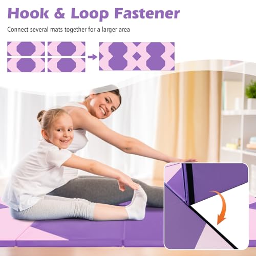 Giantex 4'x10'x 2" Gymnastics Mat, 4-Panel Folding Aerobics Exercise Mat w/Hook & Loop Fastener, Carrying Handle, Portable Tumbling Mat for Stretching Yoga Cheerleading Martial Arts - color: Purple/Baby Pink