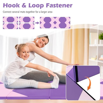 Giantex 4'x10'x 2" Gymnastics Mat, 4-Panel Folding Aerobics Exercise Mat w/Hook & Loop Fastener, Carrying Handle, Portable Tumbling Mat for Stretching Yoga Cheerleading Martial Arts - color: Purple/Baby Pink