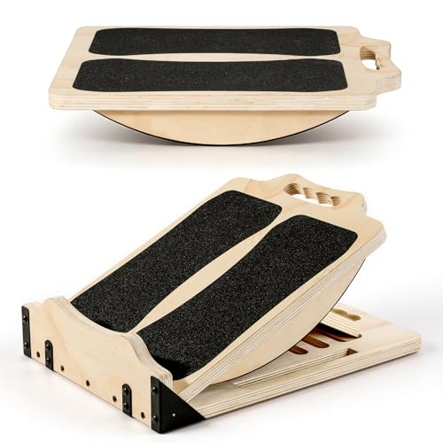MoKo 2-in-1 Wooden Slant Board & Balance Board, 4 Adjustable Inclines Calf Stretcher for Knees, Ankles, Heels, Feet and Legs, Non-slip Stretch Boards Support up to 220lbs - color: Wood
