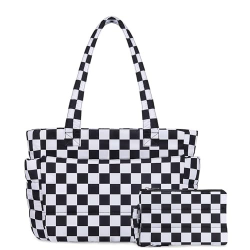 TOPDesign Puffer Tote Bag for Women, Lightweight Puffy Handbag with Compartments, Quilted Shoulder Bag for Work, Travel, Gym - color: Checkerboard, size: Medium