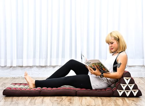 Leewadee - Comfortable Japanese Floor Mattress Used As Thai Floor Bed with Triangle Cushion, Futon Mattress Or Thai Massage Mat, 67 x 21 inches, Brown Red | Floor & lounge cushion for relaxing, reading & TV - for meditation & yoga, firm & stable - color: