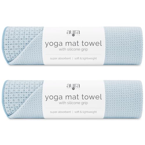 S&T INC. Aura Microfiber Yoga Mat Towel with Grip, 2 Pack, 24" x 72", Blue | Silicone Grip Backing, Soft and Absorbent, Quick-Dry for Gym, Pilates, and Hot Yoga, Compact for Gym Bag, Machine Washable - color: Blue 2pk