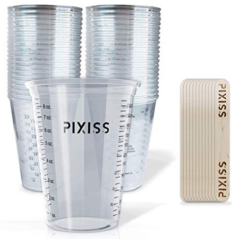 Pixiss Disposable Epoxy Resin Mixing Cups with Measurements (50-Pack) Mixing Cups for Mixing Containers, Epoxy Cups For Epoxy Measuring Cups - 20 Resin Mixing Sticks - size: 50x 10-Ounce
