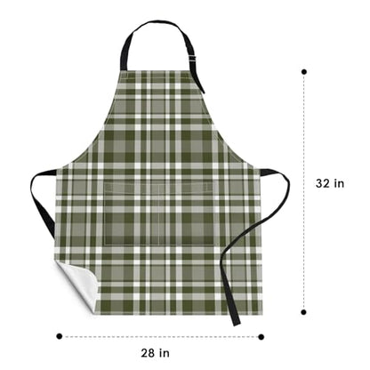 Apron with Pockets, 32x28 inch, 2 Pack, Checkered | Brown Green Plaid Grid Adjustable Bib with Pockets for Women Men Couple Lovers Chef Home Baking Gardening - color: Dark Brown Green