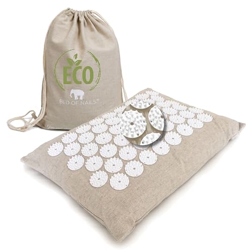 Bed of Nails 오리지널 프리미엄 편안한 ECO 지압 베개 플랫 쿠션, 목 통증, 허리 통증, 스트레스 완화를 위한 2,520개의 침술 압력 포인트, 리넨 토트백, 40.6x27.9x10.2cm(16x11x4인치) - color: 에코 쿠션