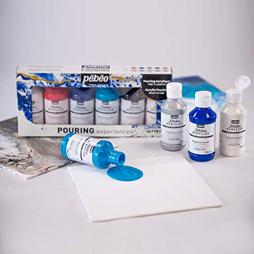 Pébéo Acrylic Pouring Paint Starter Kit - Art and Painting Supplies, Ready-To-Pour Fluid Medium, 118 Milliliter Bottles, Set of 6 Assorted Colors