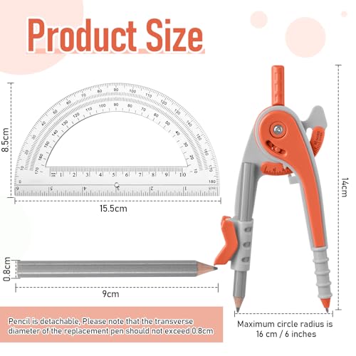 EBOOT Student Geometry Math Set, Drawing Compass and 6 Inch Clear Swing Arm Protractors 180 Degree Math Protractor(Watermelon Red) - color: Watermelon Red