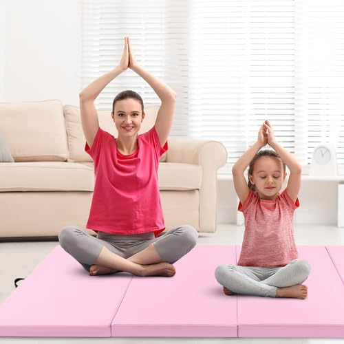 Giantex 4'x10'x 2" Gymnastics Mat, 4-Panel Folding Aerobics Exercise Mat w/Hook & Loop Fastener, Carrying Handle, Portable Tumbling Mat for Stretching Yoga Cheerleading Martial Arts - color: Pink