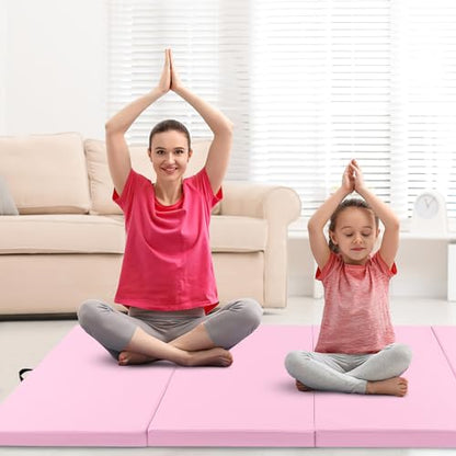 Giantex 4'x10'x 2" Gymnastics Mat, 4-Panel Folding Aerobics Exercise Mat w/Hook & Loop Fastener, Carrying Handle, Portable Tumbling Mat for Stretching Yoga Cheerleading Martial Arts - color: Pink