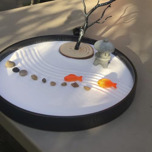 Desktop Zen Garden with Refillable Hourglass and Koi Fish – Miniature Japanese Rock Garden Kit with Sand, Rake, and Accessories – Stress Relief Desk Decor for Home & Office