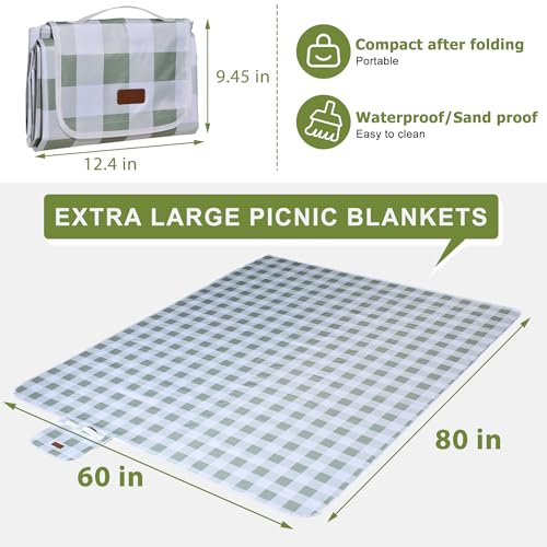 80"x60" Waterproof Sandproof Picnic Mat - Portable Foldable Outdoor Blanket for Beach, Park, Travel & Indoor Use - Lightweight Compact Design, Easy-Carry (Green&White) - color: Greenish White, size: 80" x 60"