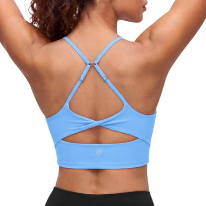 Aoysky Womens Strappy Sports Bra Adjustable Cross Back Longline Crop Top | Buttery soft fabric, Removable padded cups, Convertible straight/cross back, U-neck longline, Yoga gym pilates daily wear - color: Blue, size: X-Large