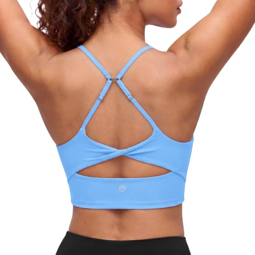 Aoysky Womens Strappy Sports Bra Adjustable Cross Back Longline Crop Top | Buttery soft fabric, Removable padded cups, Convertible straight/cross back, U-neck longline, Yoga gym pilates daily wear - color: Blue, size: Small