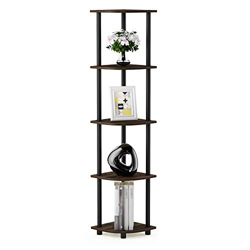 Furinno TURN-N-TUBE Corner Shelf, 5-Tier Corner Bookshelf, Open Storage Shelves, for Organization and Storage, Living Room, Home Office, Garage, Bedroom, Columbia Walnut - color: Columbia Walnut/Black, size: 5-Tier Corner