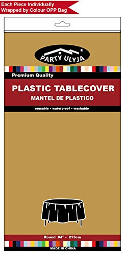 Gold Plastic Tablecloths 2 Pack Disposable Table Covers 84 Inch Circle Bridal Shower Party Tablecovers PEVA Vinyl Table Cloths for BBQ Picnic Birthday Wedding Banquet Parties 6 ft Round Table Use - color: D04 Gold
