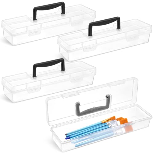 4 Pack Paint Brush Case - Portable Clear Plastic Brush Storage Box with Black Handle, 13 x 3.5 x 2.25 Inches Heavy Duty Organizer for Artists