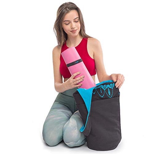 Yoga Mat Bag & Carrier with Pockets for Women - color: Black & Azure Blue