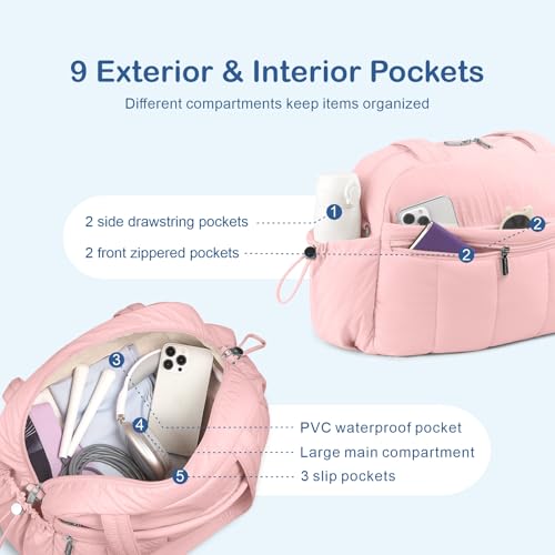 TOPDesign Travel Duffel Bag for Women, Puffer Gym Bag Sports Tote with Wet Pocket, Carry On Weekender with Luggage Sleeve (Baby Pink) - color: Baby Pink