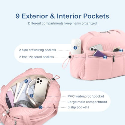TOPDesign Travel Duffel Bag for Women, Puffer Gym Bag Sports Tote with Wet Pocket, Carry On Weekender with Luggage Sleeve (Baby Pink) - color: Baby Pink