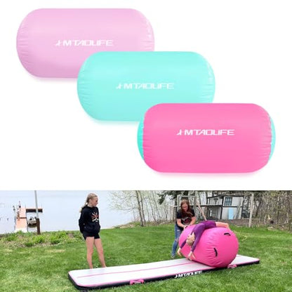 Gymnastics Air Roller Air Barrel, Inflatable Tumble Roller Mat, Air Roller Gymnastics Barrel Kids Back Somersault Backbend Trainer for Yoga Training Cheerleading Home Use - color: Pink/Green, size: 32inch*24inch-have pump