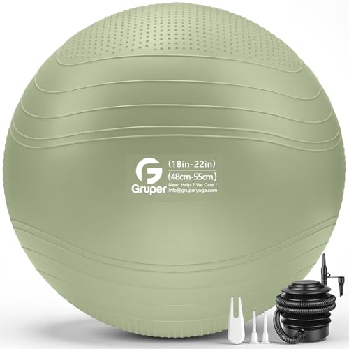 Gruper Yoga Ball, Extra Thick Non Slip Exercise Ball for Workout, Yoga, Pregnancy, 4 Sizes Anti Burst Chair for Home and Office, Includes Foot Pump & Fitness Guide - color: ['Matcha'], size: 22 Inch (55cm),m
