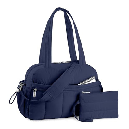TOPDesign Travel Duffel Bag for Women, Puffer Gym Bag Sports Tote with Wet Pocket, Carry On Weekender with Luggage Sleeve (Navy Blue) - color: Navy Blue