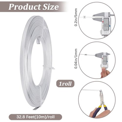 Beebeecraft 32.8 Feet 10m Flat Aluminum Wire 5mm Wide 1mm Thick Silver Metal Anodized Bendable Craft Wire for Gem Bezel Wrapping Sculpting Armature Floral DIY Jewelry Making - color: Silver