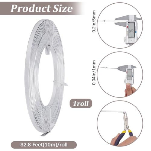 Beebeecraft 32.8 Feet 10m Flat Aluminum Wire 5mm Wide 1mm Thick Silver Metal Anodized Bendable Craft Wire for Gem Bezel Wrapping Sculpting Armature Floral DIY Jewelry Making - color: Silver