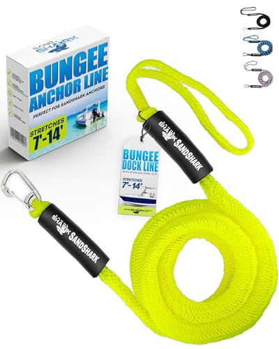 SandShark Premium Anchor Bungee Dock Line. Boat Accessories Anchor Line Absorbs Shock to Anchors and Docks w/Stainless Steel Clip - Neon Green - 7-14ft - color: Neon Green, size: 7-14ft
