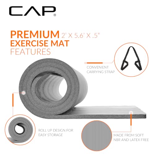 CAP Barbell 1/2-Inch High Density Exercise Yoga Mat with Strap | Multiple Options - color: Gray, style: Yoga Mat