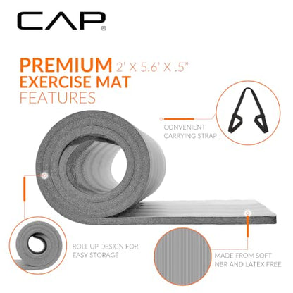 CAP Barbell 1/2-Inch High Density Exercise Yoga Mat with Strap | Multiple Options - color: Gray, style: Yoga Mat