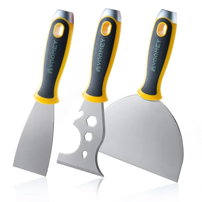 VOOMEY Putty Knife Set, 3PCS Paint Scraper Tool Kit with 12-in-1 Painter's Tool, Stainless Steel Putty Knives for Drywall Repair, Spackle, Wallpaper Removal & Wall Patching